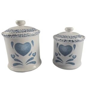 Vintagev Kitchen Canister Set 2pc Blue White Heart Ceramic Cottagecore Farmhouse